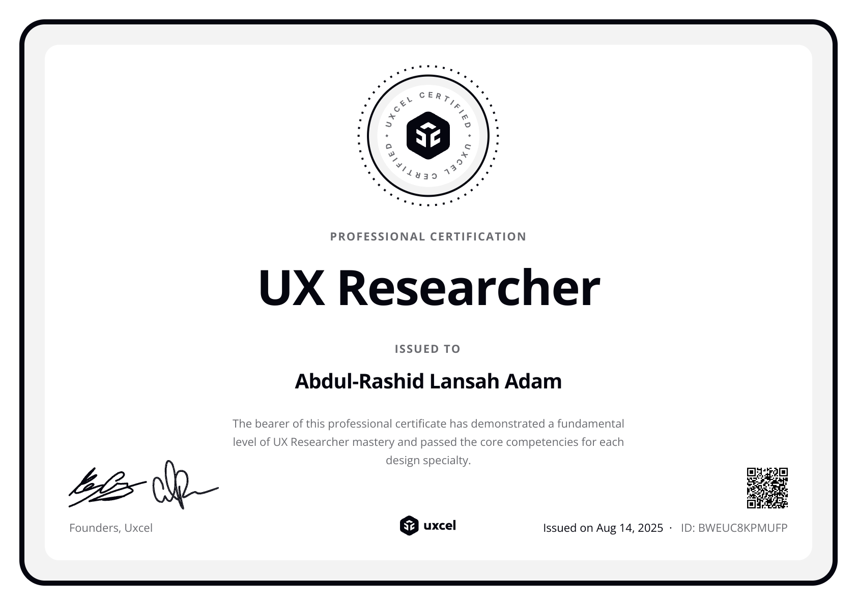 Abdul-Rashid Lansah Adam's certificate